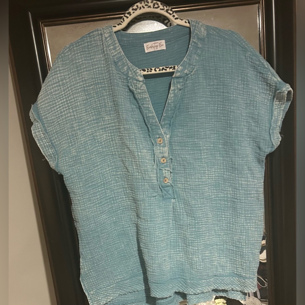 Blue Button-Up Short Sleeve Top